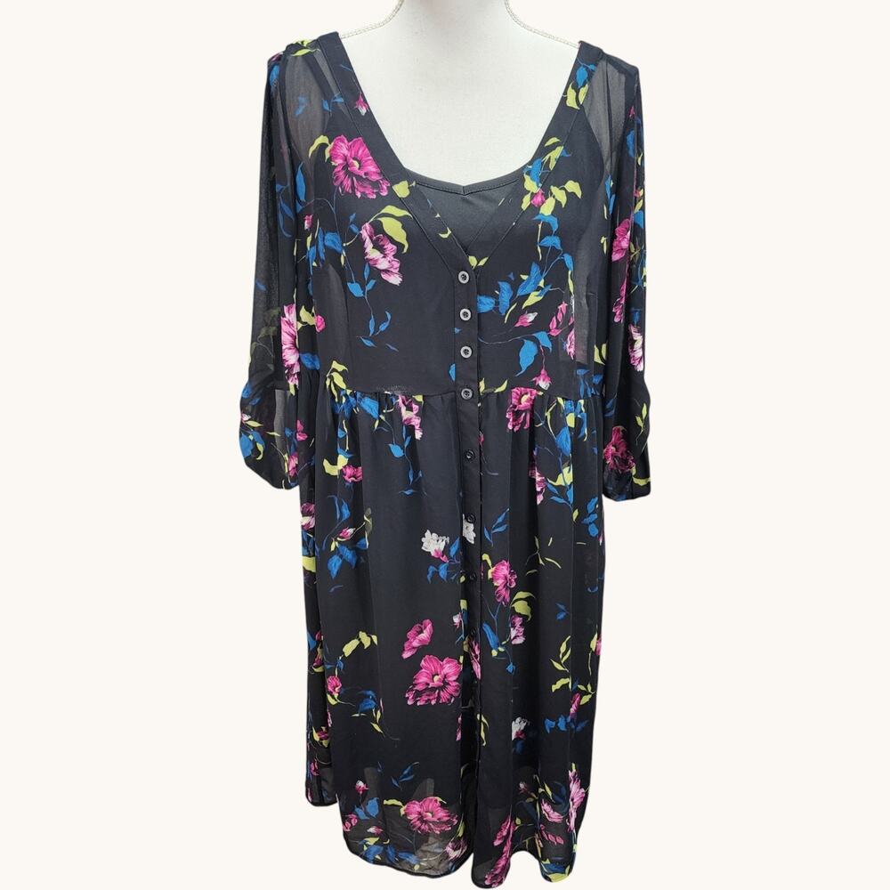 Torrid Midi Dress Women 10 Floral Black Lined Chiffon 3/4 Sleeve Church Office - Picture 2 of 16
